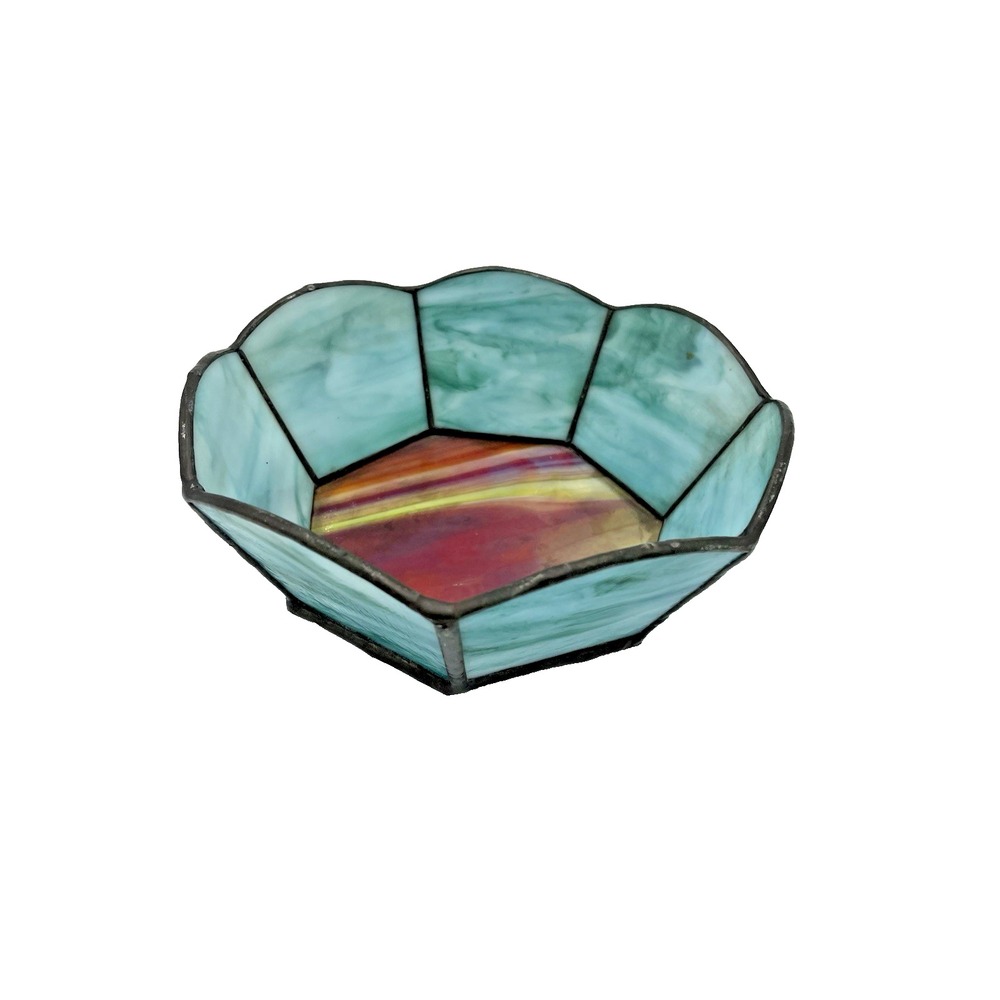 Vintage Turquoise & Red Stained Glass Art Bowl 6.5" D